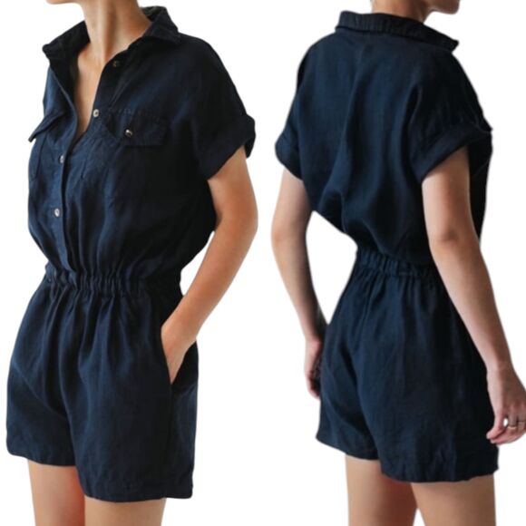 Seaside Tones Romper Womens Medium Navy 100% Linen Short Sleeve Beach Coastal - Picture 2 of 12